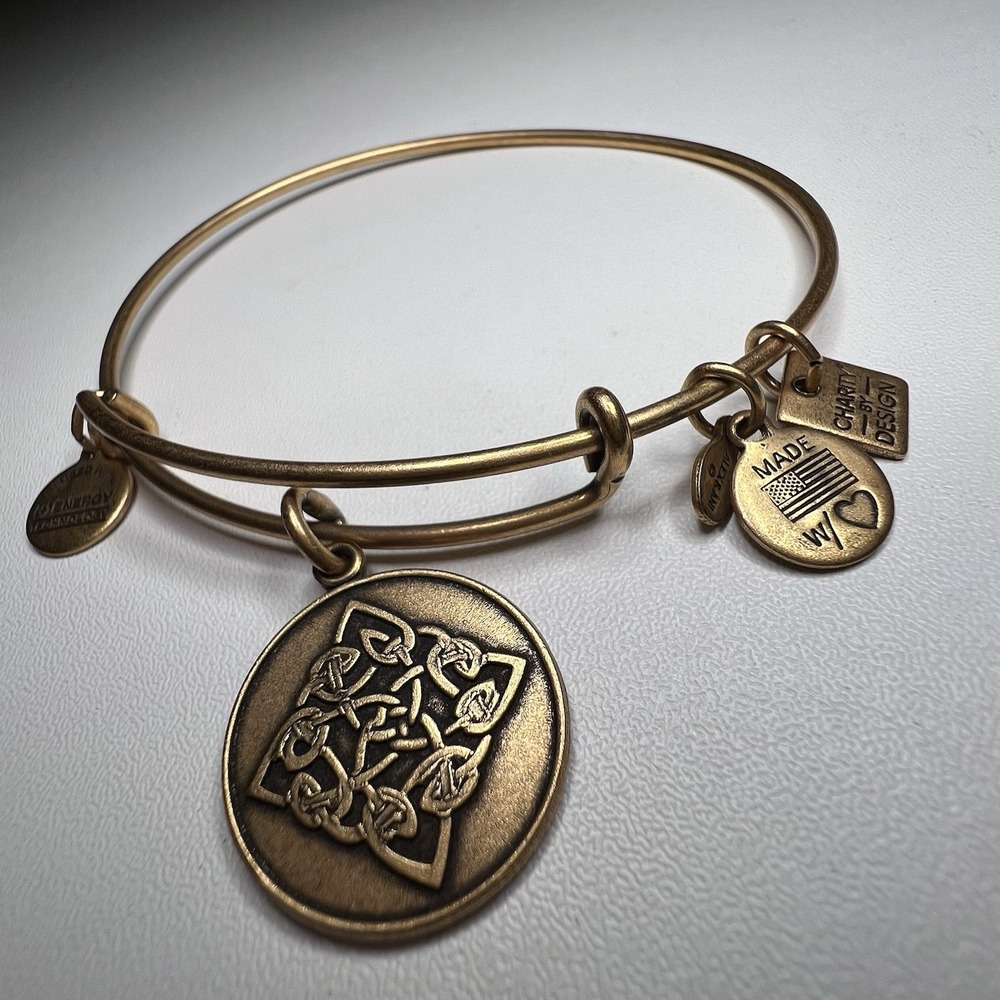 Alex & Ani Celtic Knot‎ gold tone Bangle Charm Bracelet retired expandable Vtg